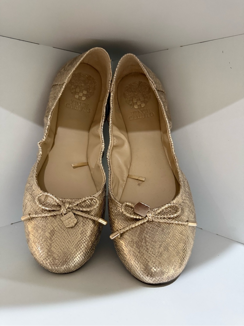 Vince Camuto Metallic Gold Ballet Flats with Bow Accent